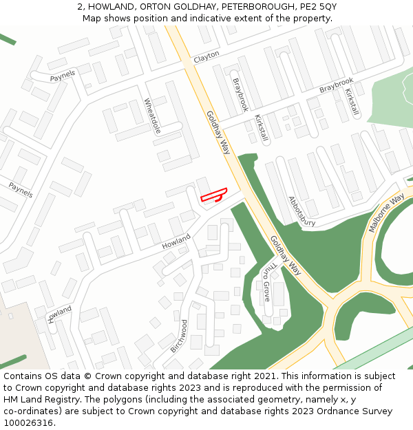 2, HOWLAND, ORTON GOLDHAY, PETERBOROUGH, PE2 5QY: Location map and indicative extent of plot