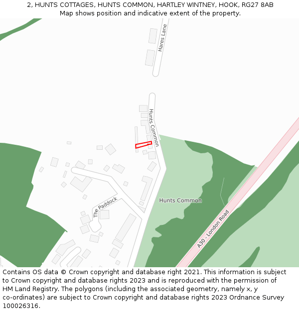 2, HUNTS COTTAGES, HUNTS COMMON, HARTLEY WINTNEY, HOOK, RG27 8AB: Location map and indicative extent of plot