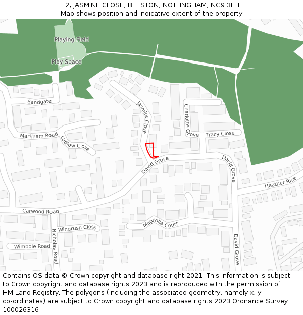2, JASMINE CLOSE, BEESTON, NOTTINGHAM, NG9 3LH: Location map and indicative extent of plot