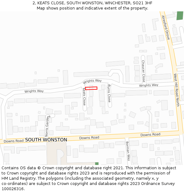 2, KEATS CLOSE, SOUTH WONSTON, WINCHESTER, SO21 3HF: Location map and indicative extent of plot