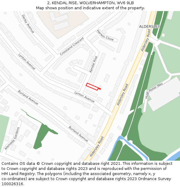2, KENDAL RISE, WOLVERHAMPTON, WV6 9LB: Location map and indicative extent of plot