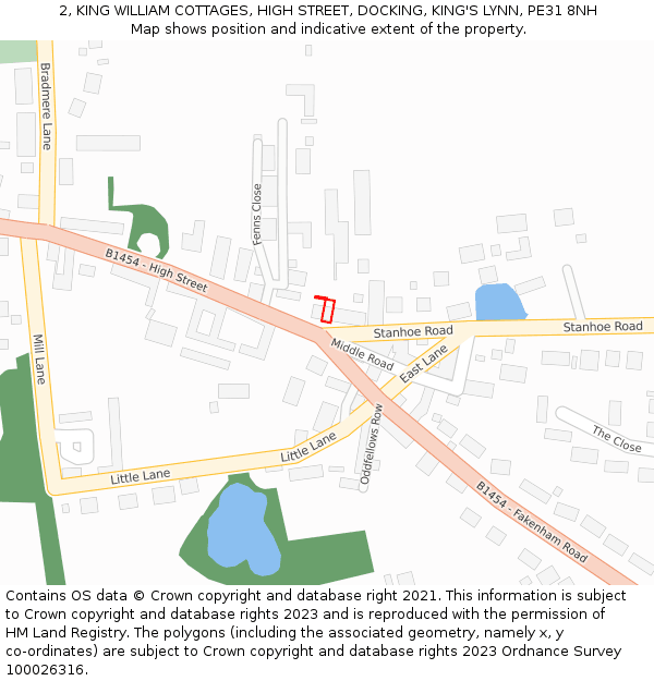 2, KING WILLIAM COTTAGES, HIGH STREET, DOCKING, KING'S LYNN, PE31 8NH: Location map and indicative extent of plot