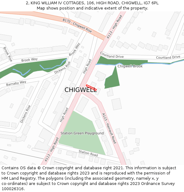 2, KING WILLIAM IV COTTAGES, 106, HIGH ROAD, CHIGWELL, IG7 6PL: Location map and indicative extent of plot