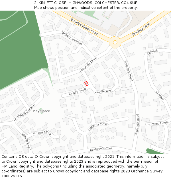 2, KINLETT CLOSE, HIGHWOODS, COLCHESTER, CO4 9UE: Location map and indicative extent of plot