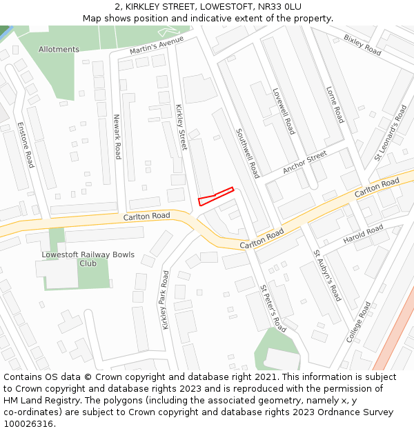 2, KIRKLEY STREET, LOWESTOFT, NR33 0LU: Location map and indicative extent of plot