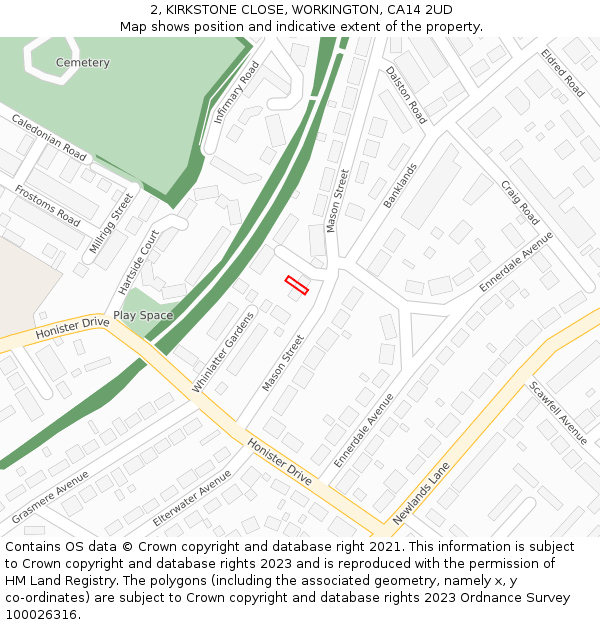 2, KIRKSTONE CLOSE, WORKINGTON, CA14 2UD: Location map and indicative extent of plot