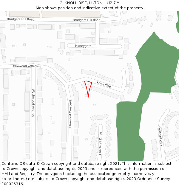 2, KNOLL RISE, LUTON, LU2 7JA: Location map and indicative extent of plot