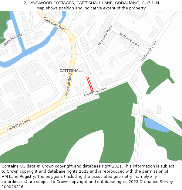 2, LAWNWOOD COTTAGES, CATTESHALL LANE, GODALMING, GU7 1LN: Location map and indicative extent of plot