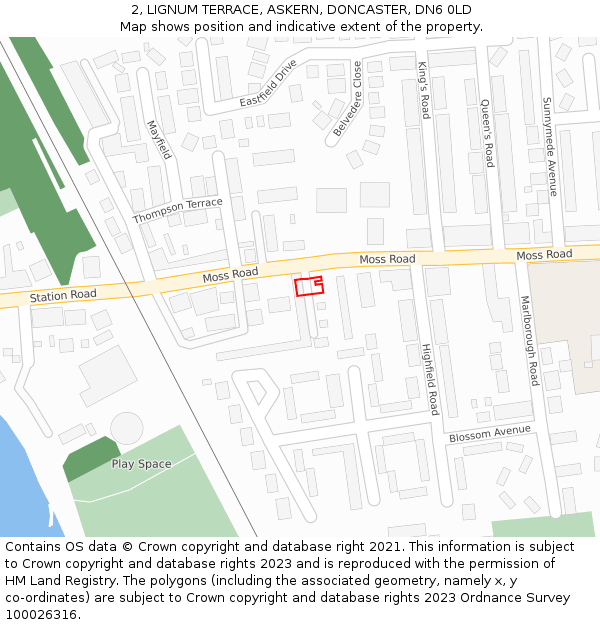 2, LIGNUM TERRACE, ASKERN, DONCASTER, DN6 0LD: Location map and indicative extent of plot