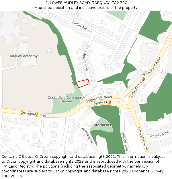2, LOWER AUDLEY ROAD, TORQUAY, TQ2 7PQ: Location map and indicative extent of plot