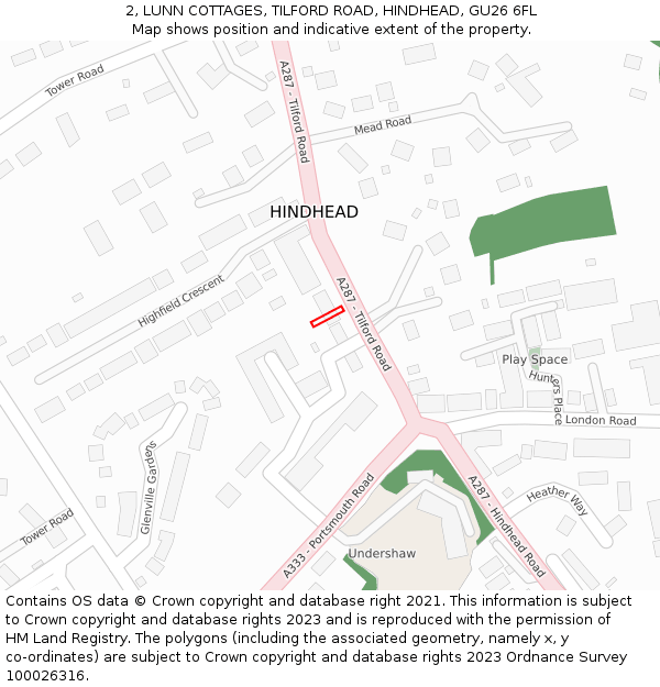 2, LUNN COTTAGES, TILFORD ROAD, HINDHEAD, GU26 6FL: Location map and indicative extent of plot