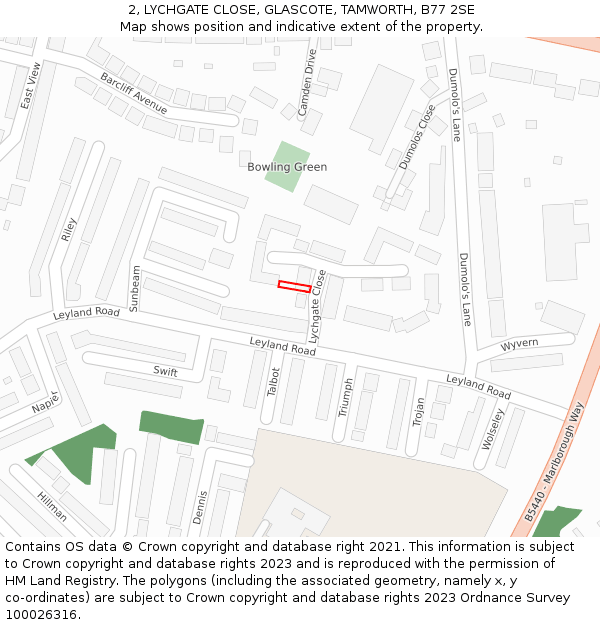 2, LYCHGATE CLOSE, GLASCOTE, TAMWORTH, B77 2SE: Location map and indicative extent of plot