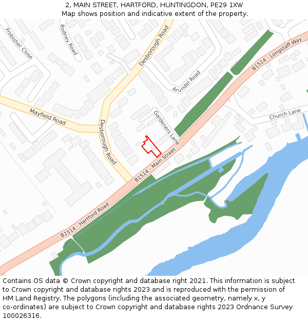 2, MAIN STREET, HARTFORD, HUNTINGDON, PE29 1XW: Location map and indicative extent of plot