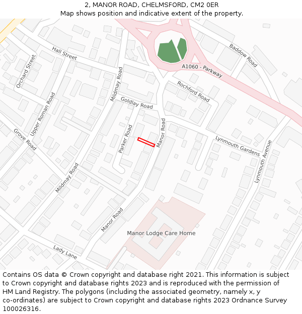 2, MANOR ROAD, CHELMSFORD, CM2 0ER: Location map and indicative extent of plot