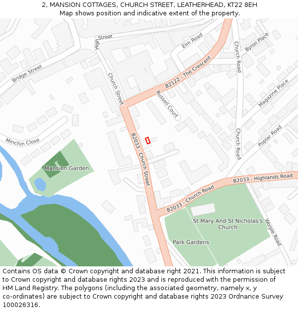2, MANSION COTTAGES, CHURCH STREET, LEATHERHEAD, KT22 8EH: Location map and indicative extent of plot