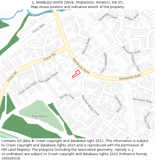 2, MARBLED WHITE DRIVE, PINEWOOD, IPSWICH, IP8 3TL: Location map and indicative extent of plot
