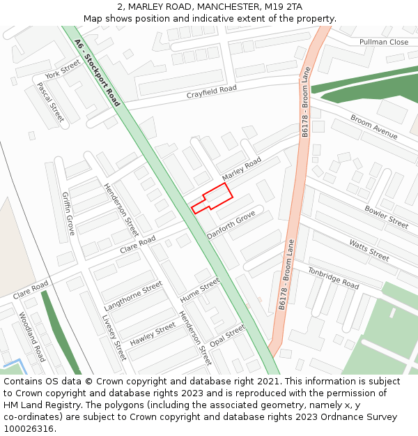 2, MARLEY ROAD, MANCHESTER, M19 2TA: Location map and indicative extent of plot