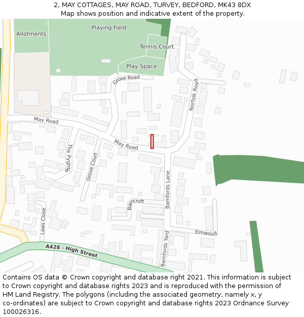 2, MAY COTTAGES, MAY ROAD, TURVEY, BEDFORD, MK43 8DX: Location map and indicative extent of plot