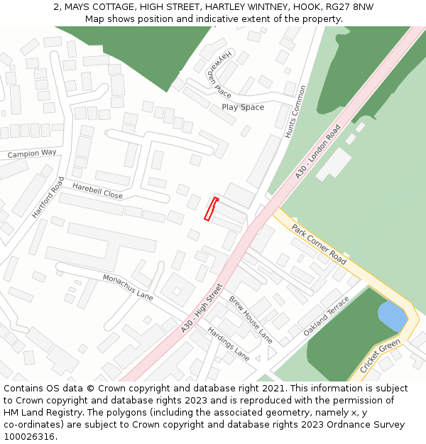 2, MAYS COTTAGE, HIGH STREET, HARTLEY WINTNEY, HOOK, RG27 8NW: Location map and indicative extent of plot