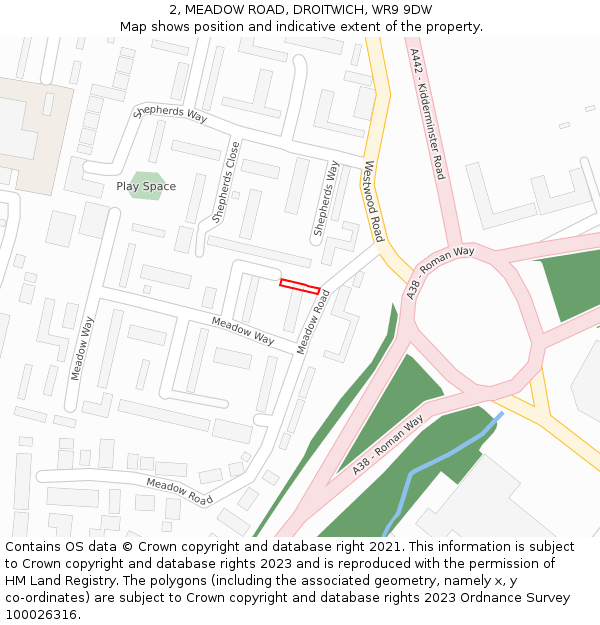 2, MEADOW ROAD, DROITWICH, WR9 9DW: Location map and indicative extent of plot