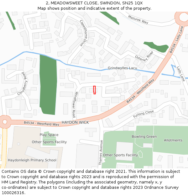 2, MEADOWSWEET CLOSE, SWINDON, SN25 1QX: Location map and indicative extent of plot