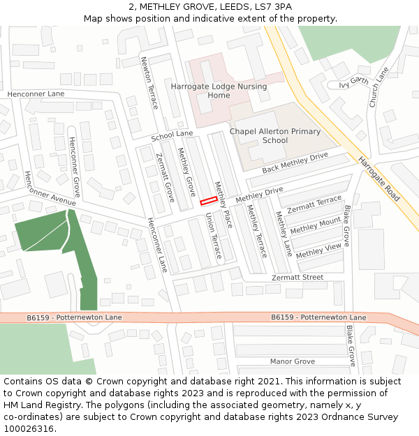 2, METHLEY GROVE, LEEDS, LS7 3PA: Location map and indicative extent of plot