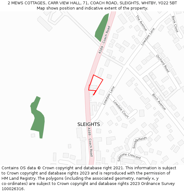 2 MEWS COTTAGES, CARR VIEW HALL, 71, COACH ROAD, SLEIGHTS, WHITBY, YO22 5BT: Location map and indicative extent of plot