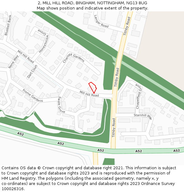 2, MILL HILL ROAD, BINGHAM, NOTTINGHAM, NG13 8UG: Location map and indicative extent of plot