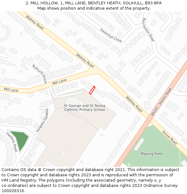 2, MILL HOLLOW, 1, MILL LANE, BENTLEY HEATH, SOLIHULL, B93 8PA: Location map and indicative extent of plot