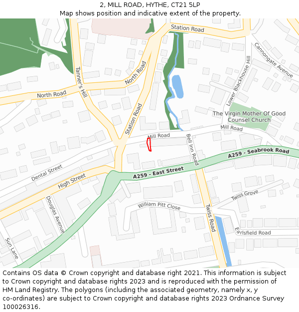2, MILL ROAD, HYTHE, CT21 5LP: Location map and indicative extent of plot