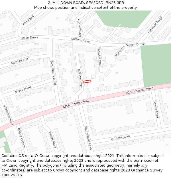 2, MILLDOWN ROAD, SEAFORD, BN25 3PB: Location map and indicative extent of plot