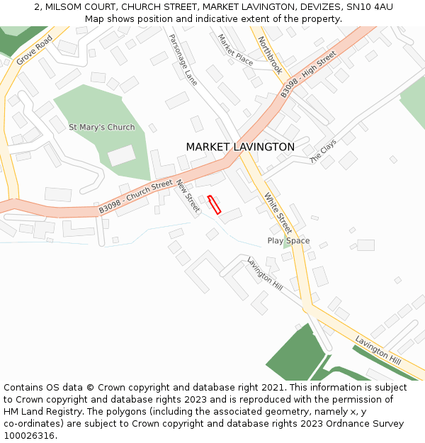 2, MILSOM COURT, CHURCH STREET, MARKET LAVINGTON, DEVIZES, SN10 4AU: Location map and indicative extent of plot