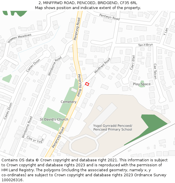 2, MINFFRWD ROAD, PENCOED, BRIDGEND, CF35 6RL: Location map and indicative extent of plot