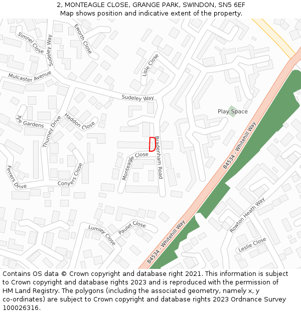 2, MONTEAGLE CLOSE, GRANGE PARK, SWINDON, SN5 6EF: Location map and indicative extent of plot