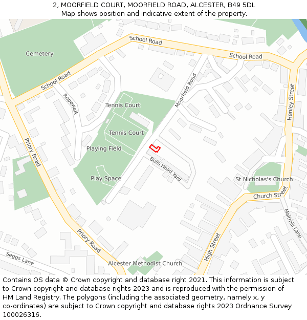 2, MOORFIELD COURT, MOORFIELD ROAD, ALCESTER, B49 5DL: Location map and indicative extent of plot