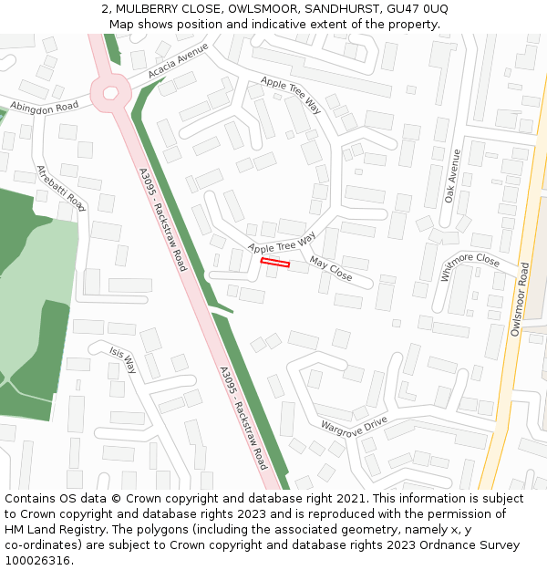 2, MULBERRY CLOSE, OWLSMOOR, SANDHURST, GU47 0UQ: Location map and indicative extent of plot