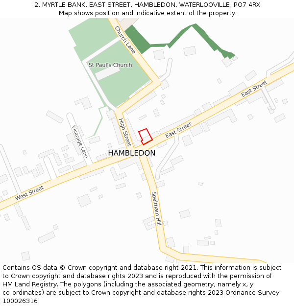 2, MYRTLE BANK, EAST STREET, HAMBLEDON, WATERLOOVILLE, PO7 4RX: Location map and indicative extent of plot