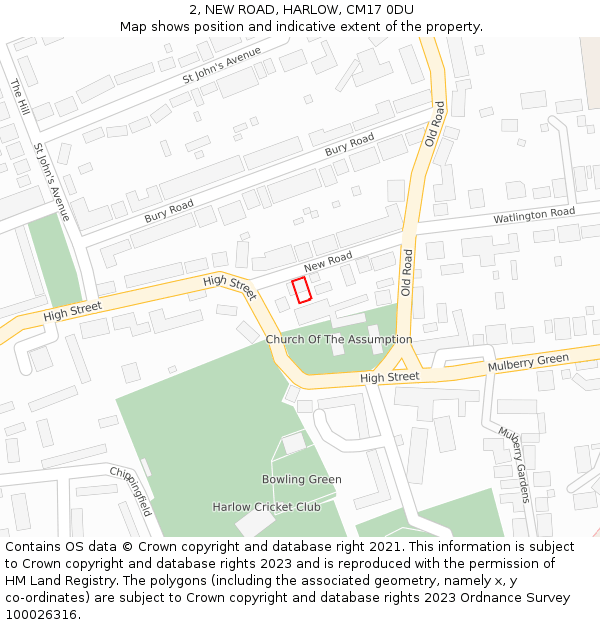 2, NEW ROAD, HARLOW, CM17 0DU: Location map and indicative extent of plot