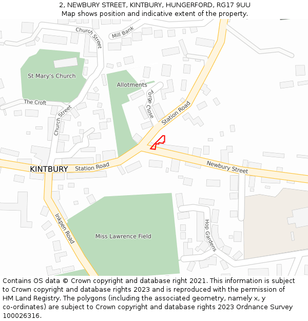 2, NEWBURY STREET, KINTBURY, HUNGERFORD, RG17 9UU: Location map and indicative extent of plot