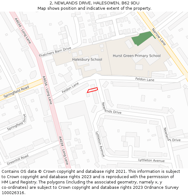 2, NEWLANDS DRIVE, HALESOWEN, B62 9DU: Location map and indicative extent of plot