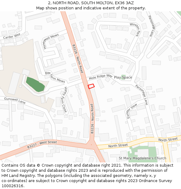 2, NORTH ROAD, SOUTH MOLTON, EX36 3AZ: Location map and indicative extent of plot