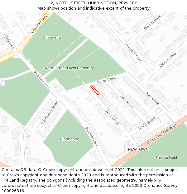 2, NORTH STREET, HUNTINGDON, PE29 1RY: Location map and indicative extent of plot