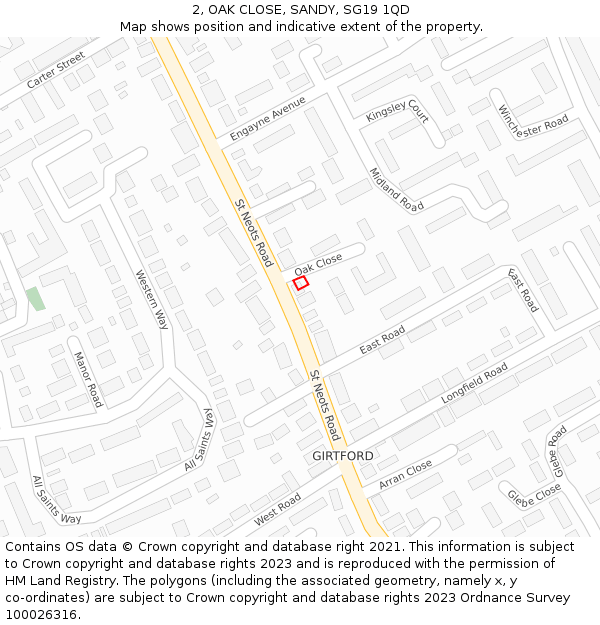 2, OAK CLOSE, SANDY, SG19 1QD: Location map and indicative extent of plot