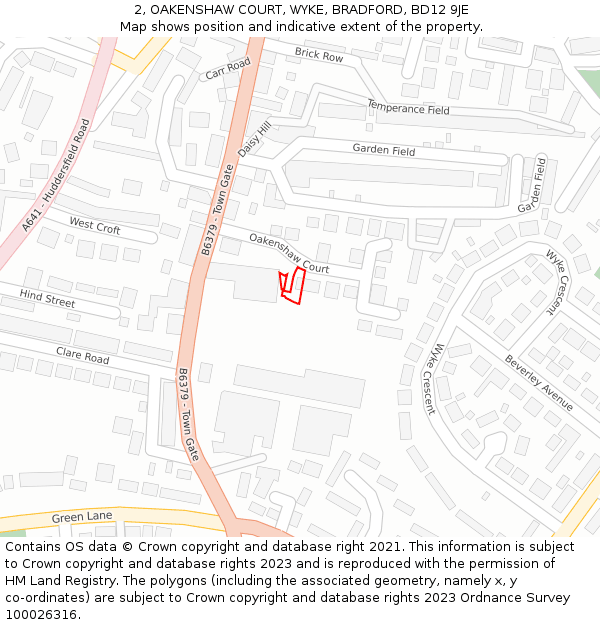 2, OAKENSHAW COURT, WYKE, BRADFORD, BD12 9JE: Location map and indicative extent of plot