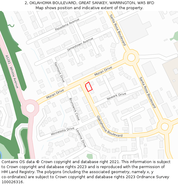 2, OKLAHOMA BOULEVARD, GREAT SANKEY, WARRINGTON, WA5 8FD: Location map and indicative extent of plot