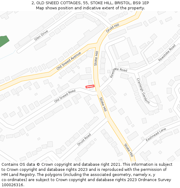 2, OLD SNEED COTTAGES, 55, STOKE HILL, BRISTOL, BS9 1EP: Location map and indicative extent of plot