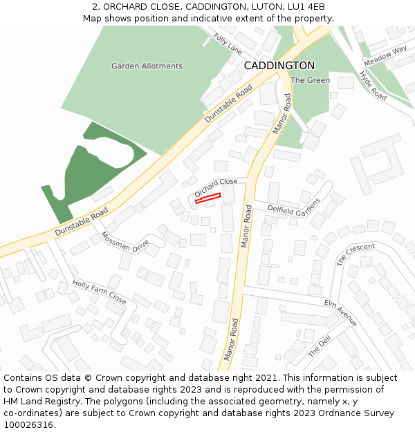 2, ORCHARD CLOSE, CADDINGTON, LUTON, LU1 4EB: Location map and indicative extent of plot