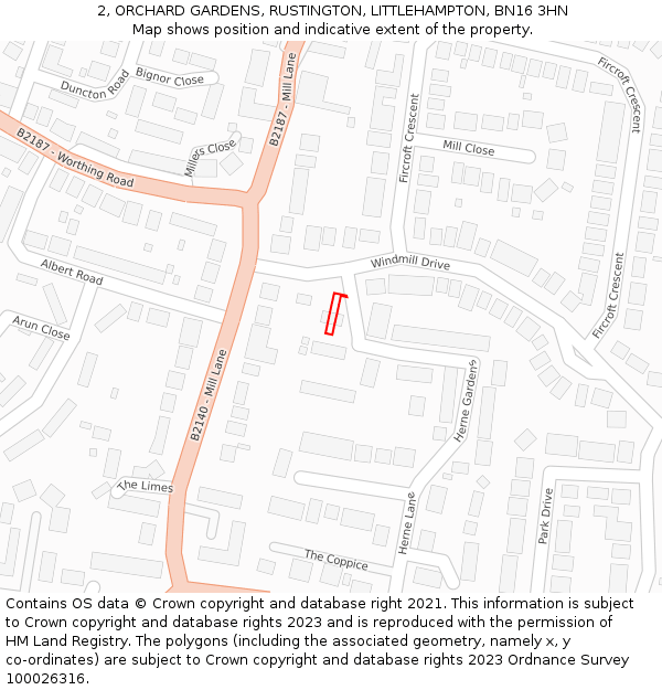 2, ORCHARD GARDENS, RUSTINGTON, LITTLEHAMPTON, BN16 3HN: Location map and indicative extent of plot