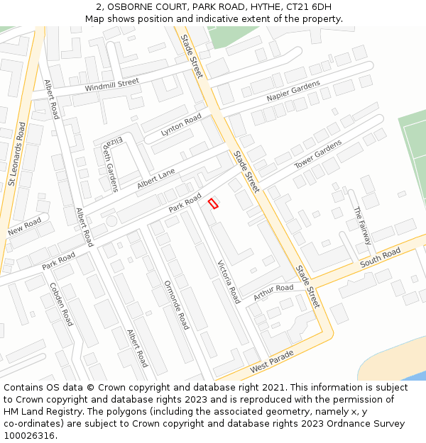 2, OSBORNE COURT, PARK ROAD, HYTHE, CT21 6DH: Location map and indicative extent of plot