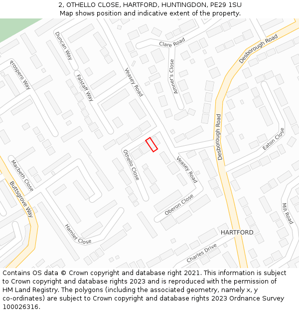 2, OTHELLO CLOSE, HARTFORD, HUNTINGDON, PE29 1SU: Location map and indicative extent of plot